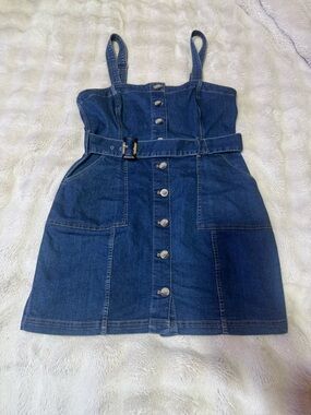 Divided Dark Blue Denim Button-Front Pinafore with Belted Waist